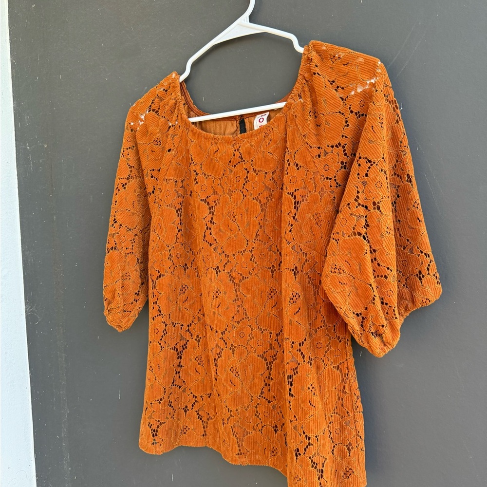 Anthropology Dolan corduroy Lace Puff-Sleeve Top in Rust Orange - Picture 4 of 10